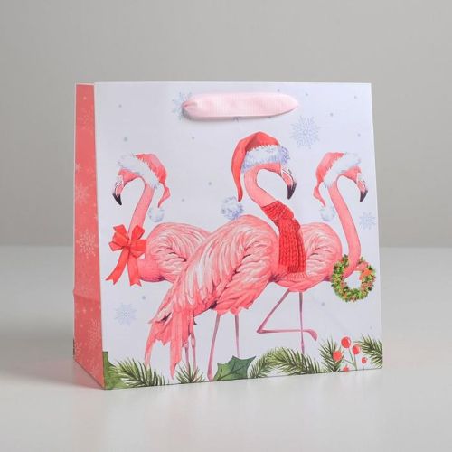 Пакет ламинированный квадратный «Новогодние фламинго», 22 × 22 × 11 см