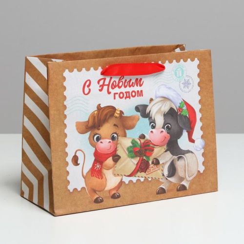 Пакет крафтовый горизонтальный «Малыши с подарком», MS 23 × 18 × 10 см